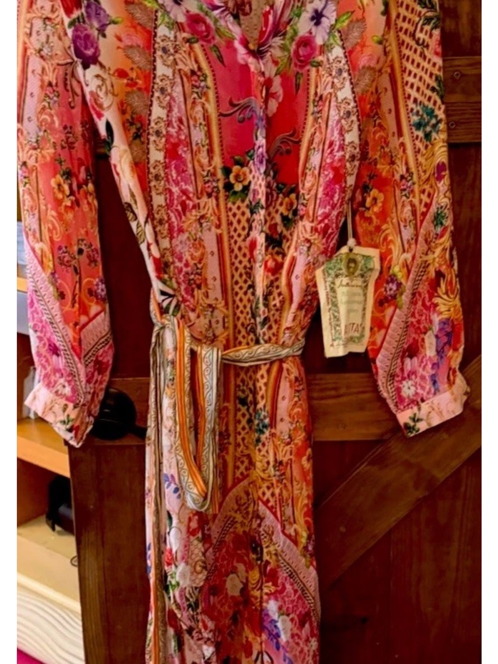 Aratta Coral Pink Paisley Floral Long-Sleeve Belted Maxi Dress